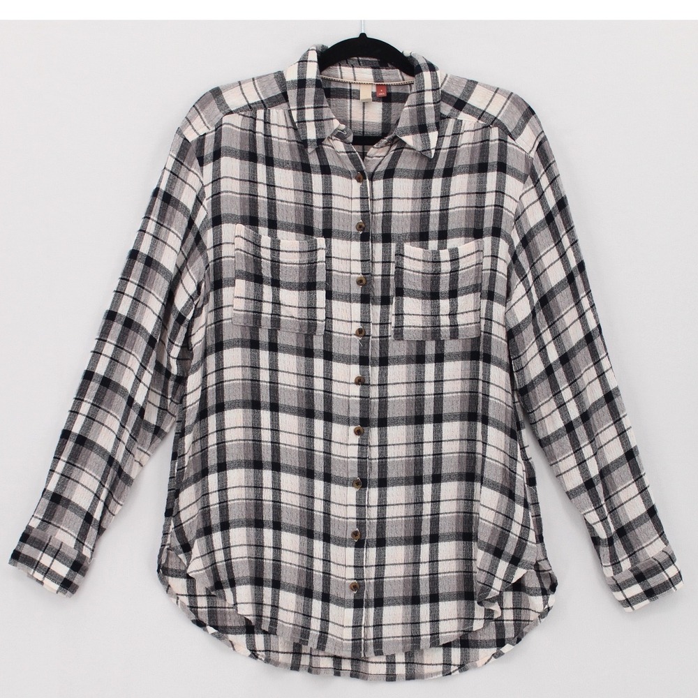 Pilcro Plaid Button Down Shirt Small Black‎ White Gauzy Shirred Back Long Sleeve